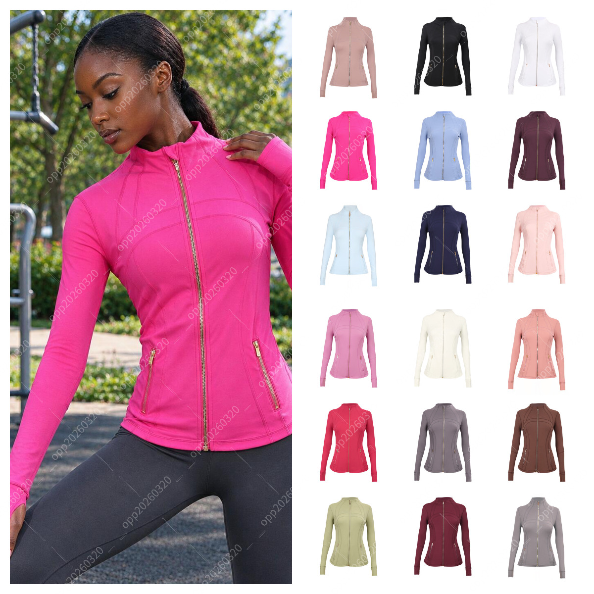 Gold Zipper LD Stand Collar Sports Jacket for Women, Slim Fit Yoga Workout Coat, Lightweight Athletic Outerwear for Gym Sun Protection Daily Wear