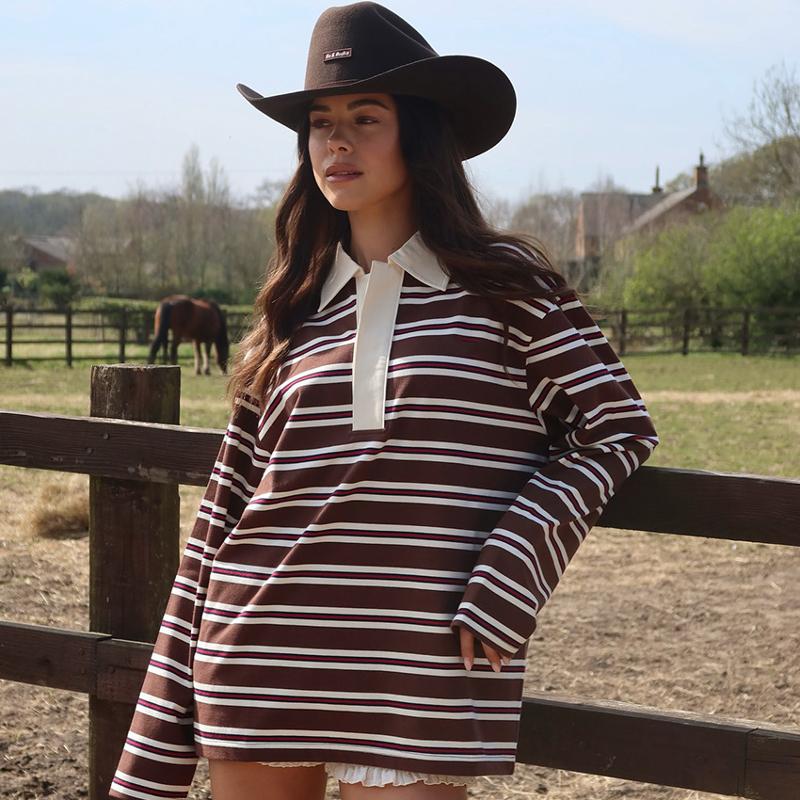 Designer Striped Polo Neck Long Sleeve Top Loose Daily Elegant Commuting Womens Blouse Office Shirt