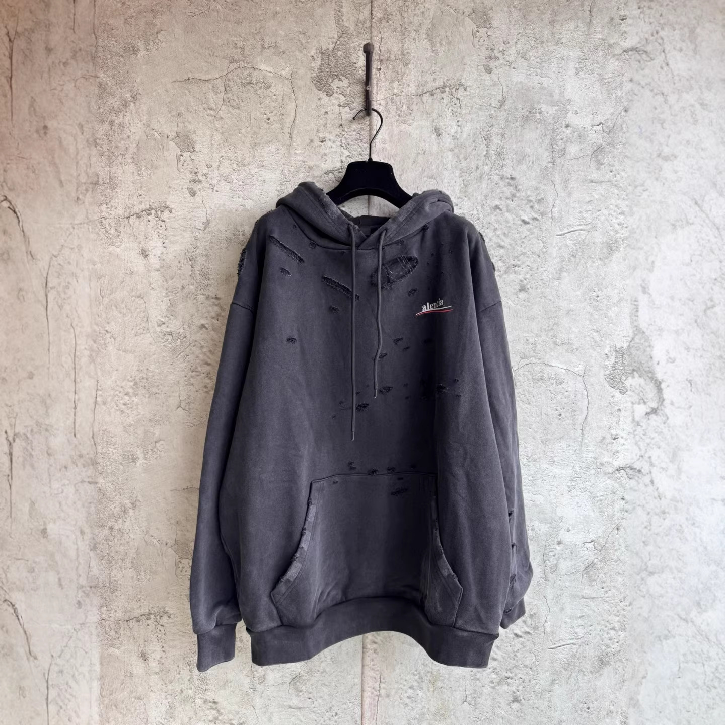 Paris B brand, Coca-Cola wave print, distressed worn-out hooded sweatshirt with ripped details, designer luxury washed and faded finish, loose-fitti