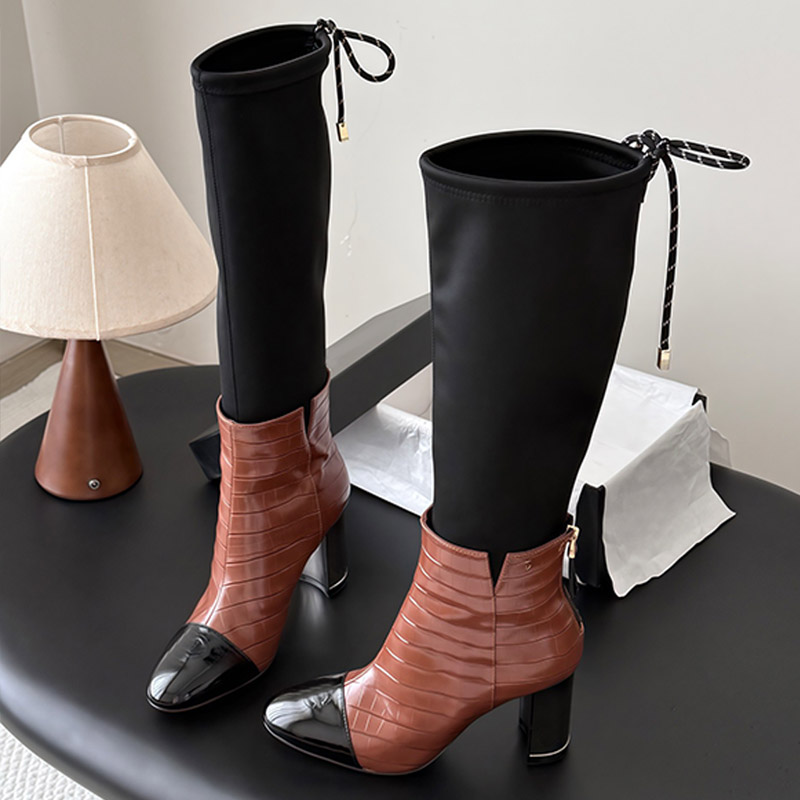 Fashion Womens Knee High Boots Crocodile Skin Pattern Paired Nylon Luxury Ladies High Cut Spliced Boots Winter Casual Dress Up Banquet Boots