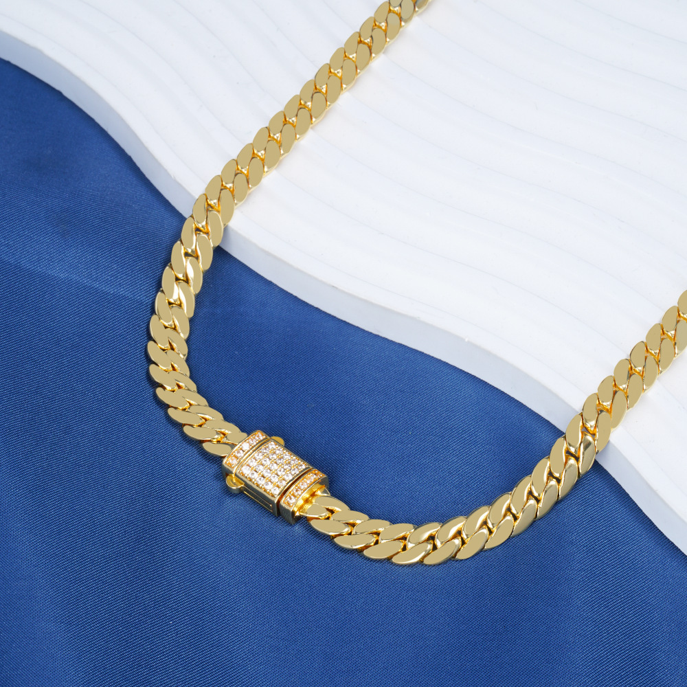 14K gold-plated Cuban chain necklace for women, light luxury zircon clavicle chain, fashion, personalized trendy jewelry