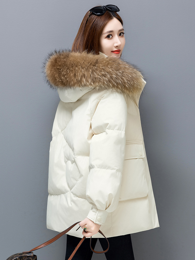 Women Mid Length White Duck Down Jacket 2026 Winter New Large Faux Fur Collar Loose Slimming Thick Warm Puffer Coat Windproof Outerwear For Ladies D