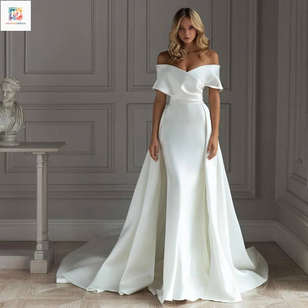 Stylish Mermaid Wedding Dresses With Detachable Train Off The Shoulder Neck Plus Size Bridal Gowns Satin Vestido De Novia Mb019