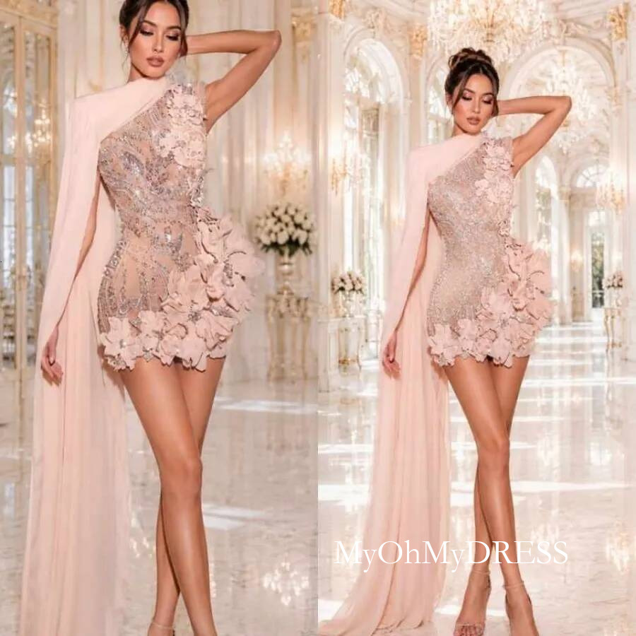 Mini Cocktail Party Prom Dresses High Neck Hand Made Flowers Mermaid Night Gowns Arabic Birthday Evening Dress Customized Y016