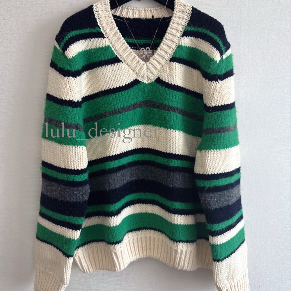 Designer knitted top 26 Autumn Winter New Retro Green Color-Block Striped V-Neck Sweater For Women Featuring Loose Relaxed Style women's sweate