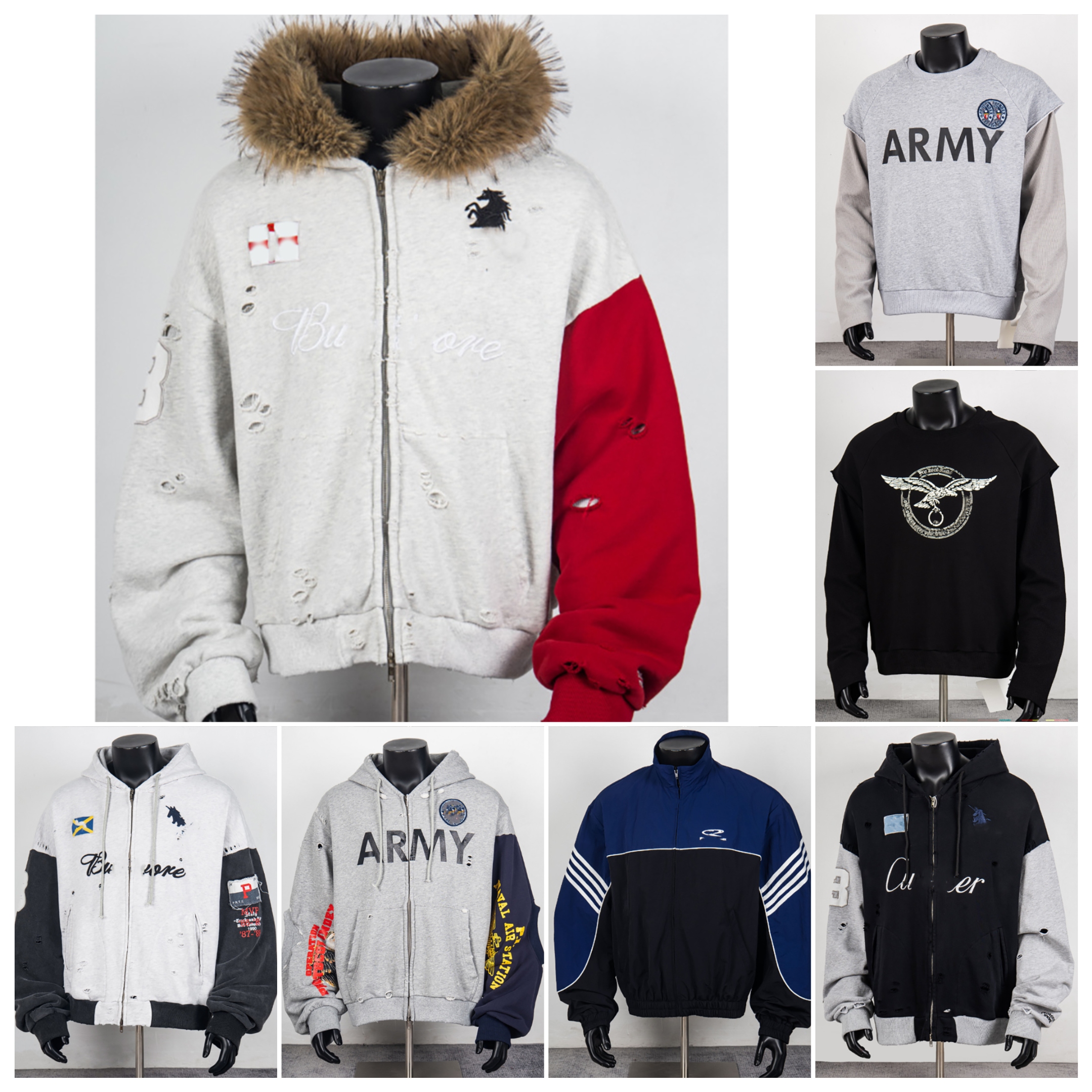 Designer men's sweatshirt jacket American high street ripped hooded sweatshirt with contrasting color retro loose zipper jacket trendy size M-X