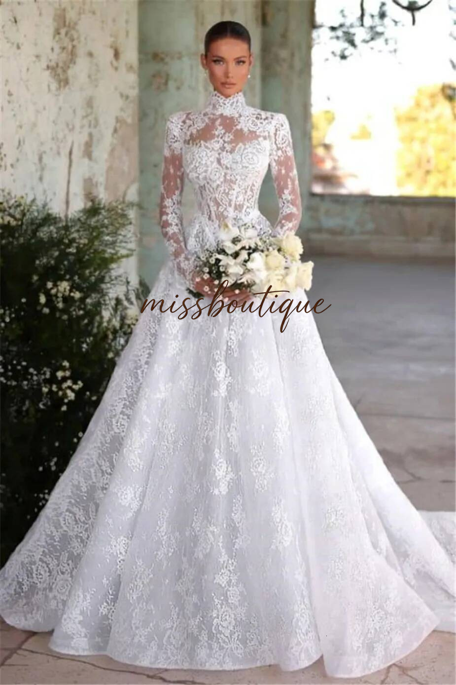 Modest Arabic Dubai High Collar Wedding Dresses A Line Sheer Long Lace Sleeves Appliques Tulle Floor Length Bridal Gowns Custom Made Robes De Mariag