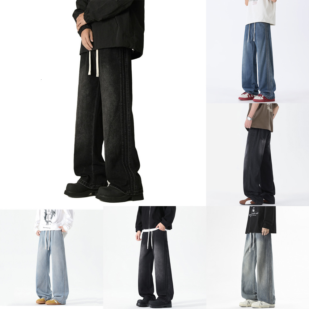 Shanggu Men's Wear 2026 Spring Thin American Style Jeans for Men, High Street Trendy Distressed Elastic Waist Straight Pants for Men