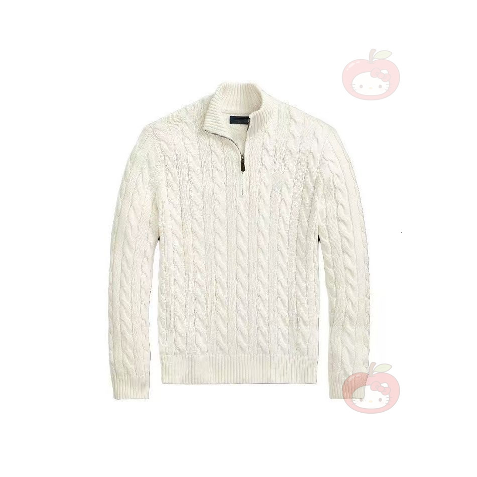 Autumn Winter Men Cable Knit Sweater Half Turtleneck Zipper Embroidered Raffia Pony Label Casual Knitted Top