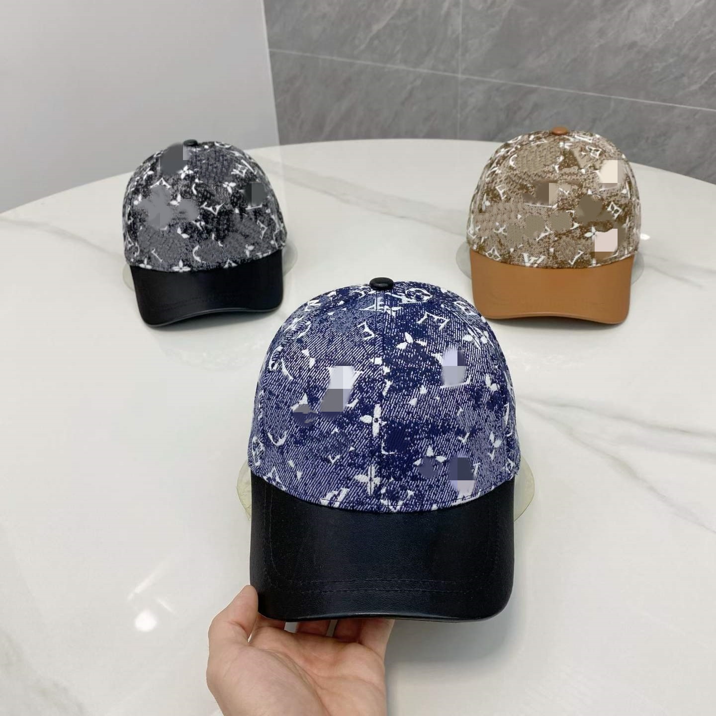 Luxury Style Monogram Denim Baseball Cap Women Men Vintage Letter Print Hat PU Leather Brim Snapback Streetwear Dad Hat