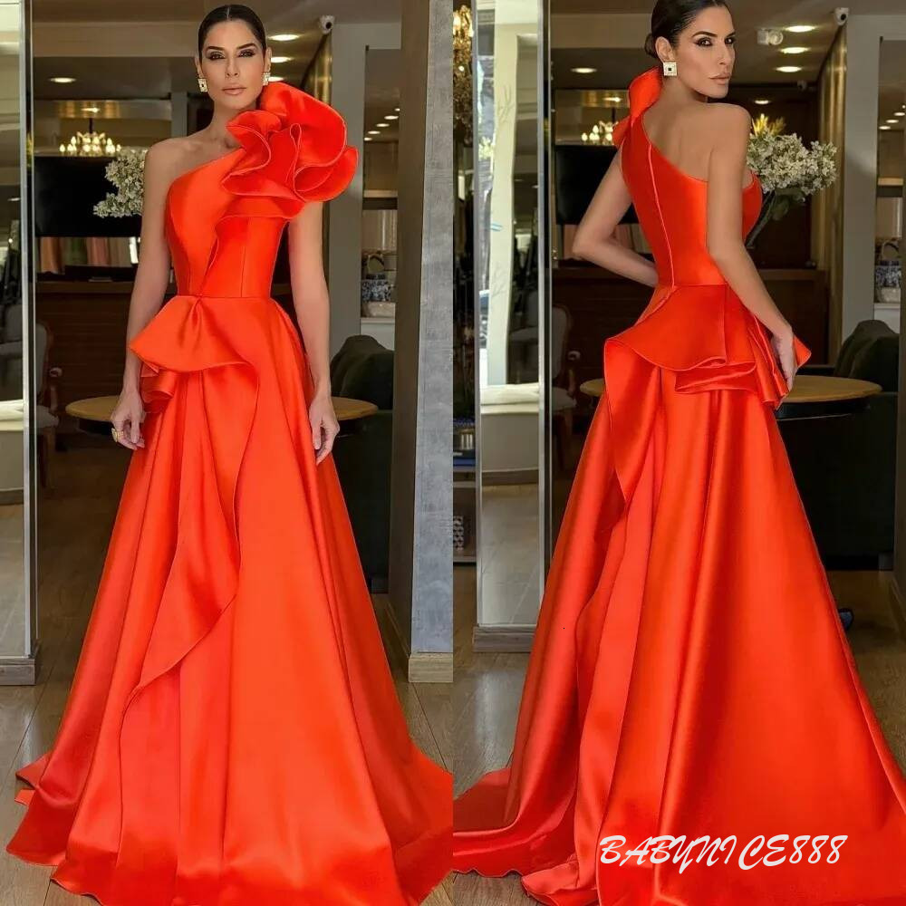 Exquisite One Shoulder Orange Evening Pageant Dress Sleeveless Flowers Satin A line Women Prom Formal Gowns Vestidos Feast Robe De Soiree