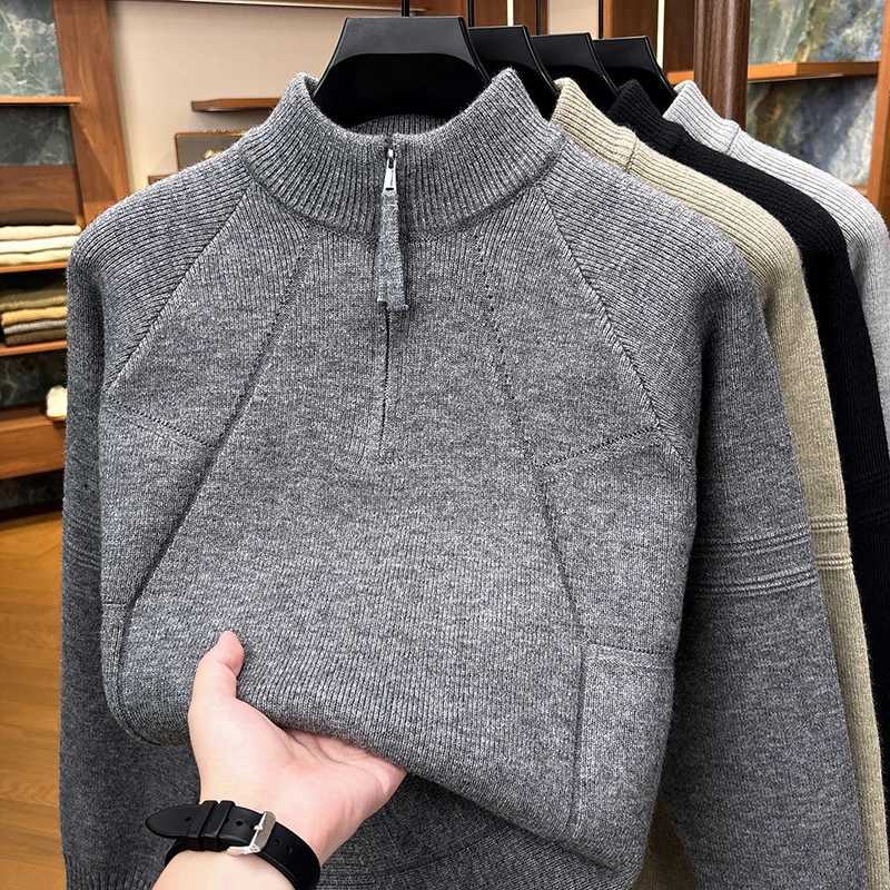 Half Up Collar Kangaroo Stand Zipper Sweater for Men's Winter Fashion Splicing Thick and Warm Trendy Knitted Sweater Top M261016