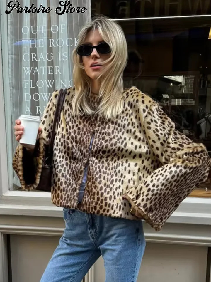 Vintage Faux Fur Leopard Jacket Round Neck Flare Long Sleeve Cardigan Short Coats 2026 Autumn Winter Loose Fit Casual Coat 261019