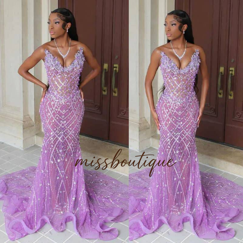 Luxury V Neck Sequined Mermaid Evening Dresses Elegant Sleeveless Crystal Illusion Prom Dress Party Gown Customized Q019