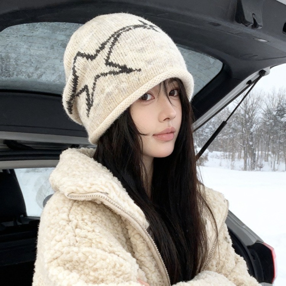 Y2K Style Star Patterned Beanie Cap Elastic Edge Curl Knitted Ear Protection Soft Brimless Slouchy Hat J260511