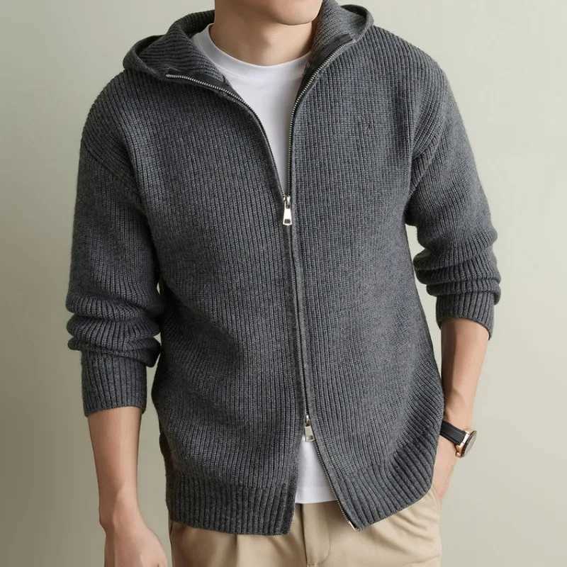 Knitted Men's Up Hooded Zip Cardigan Old Money Style Casual Loose Fit Sweater Coat M261016