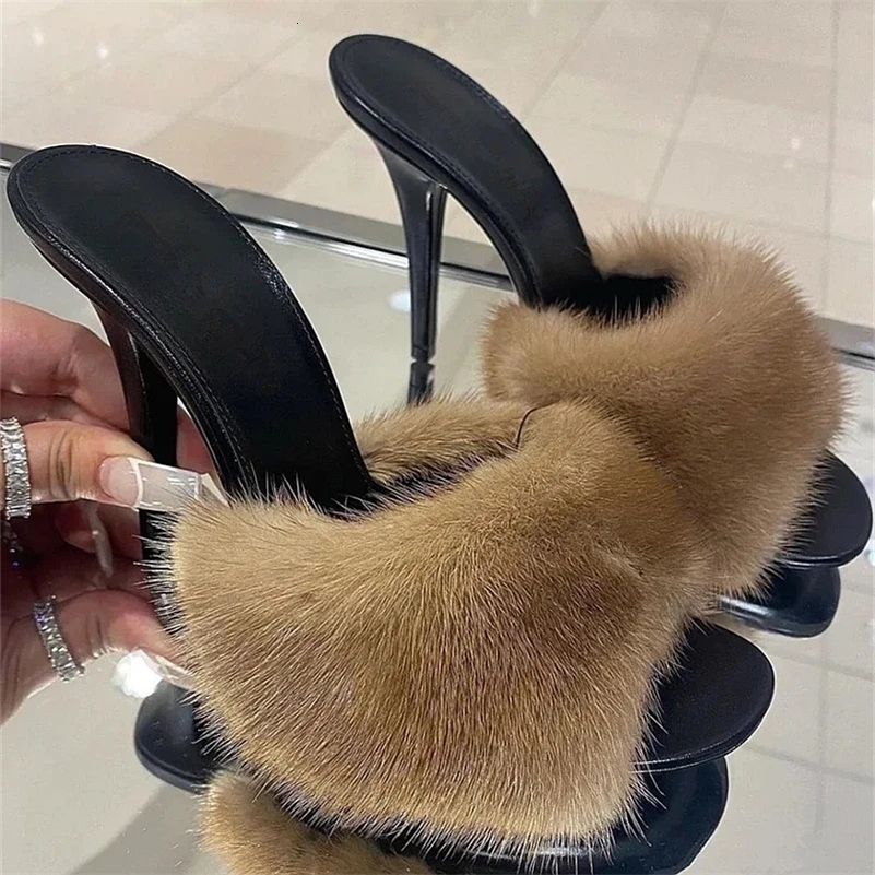 Mink fur high heels for women slim heels summer style open toe slippers sexy fish mouth leather party sandals for women 260928