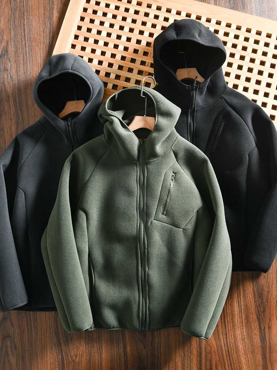 Double-Sided Fleece Hooded Jacket Men's Autumn Winter Windproof Warm Color Zipper Closure Long Sleeve Standard Fit Jacket T261019