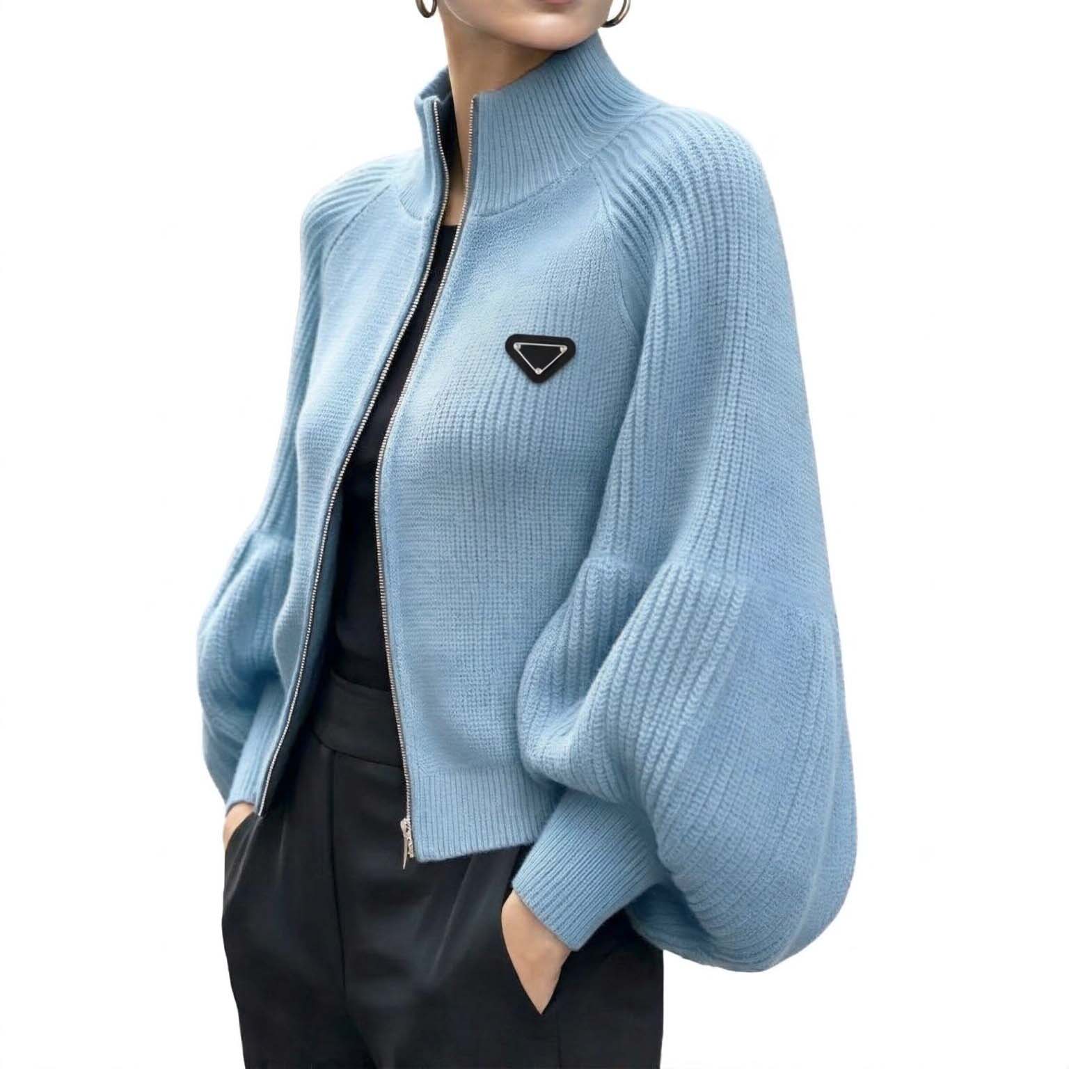 Designer Women Sweater Jackets Women's Stand Collar Full Zip Knit Cardigan Puff Sleeve Ribbed Sweater Jacket Casual Loose Knitted Coat for Fall