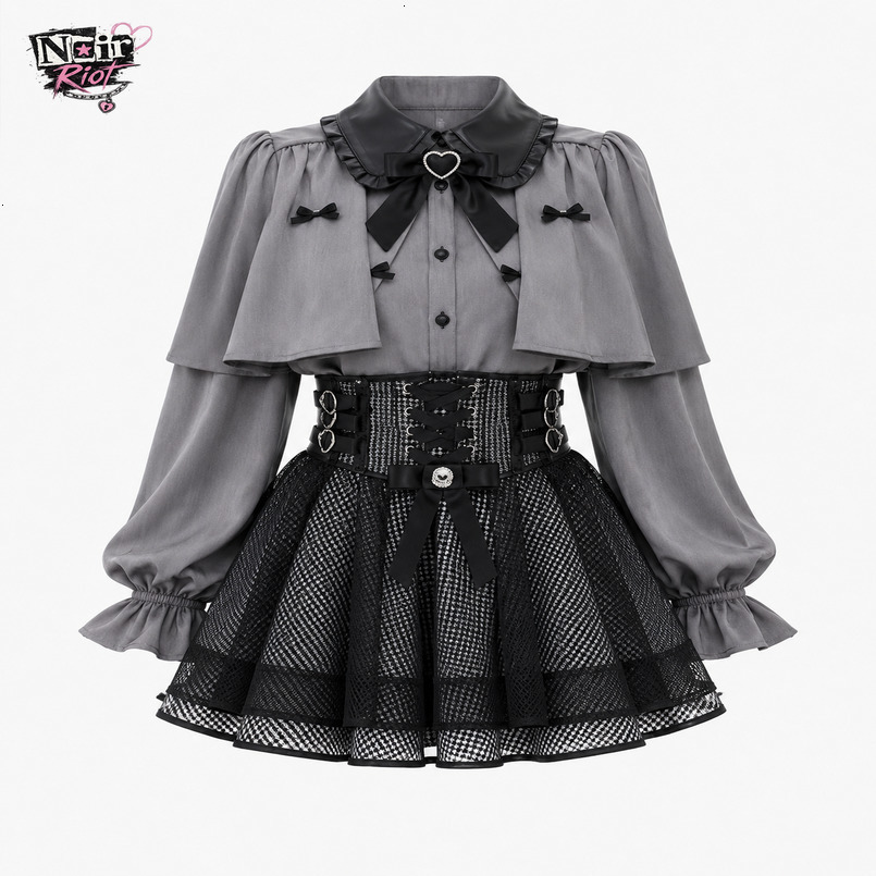 Ryousangata Two Piece Skirt Set Womens Cape Collar Puff Sleeve Blouse Plaid High Waist Mini Jirai Kei Daily OOTD Outfit 261012