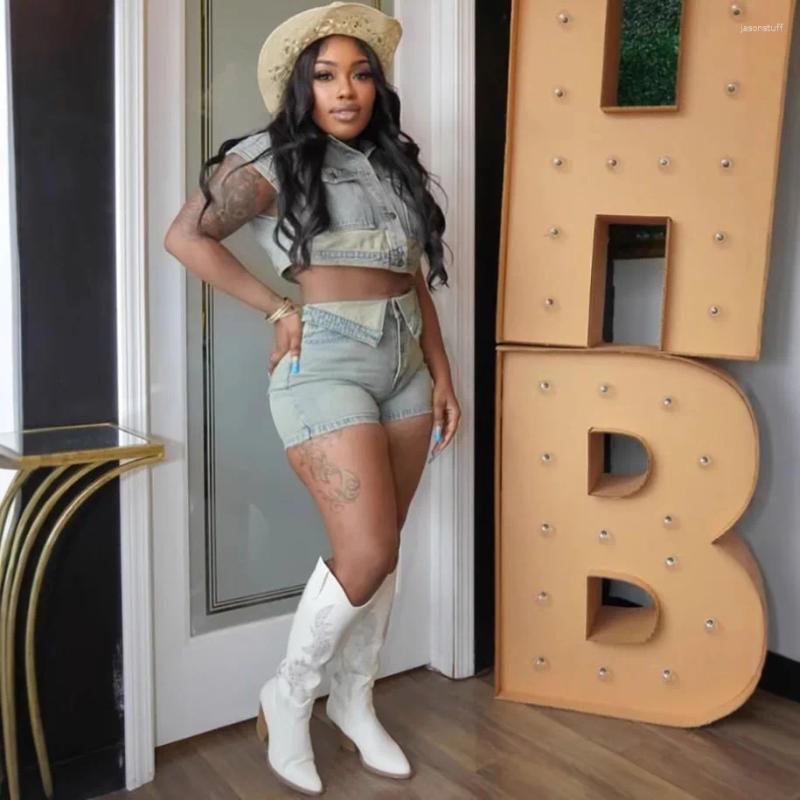 Pant Set Women Two Piece Sets Turn Down Collar Sleeveless Denim Shirt Sheath Short Pants Y2k Streetwear Party Night Sexy Spring