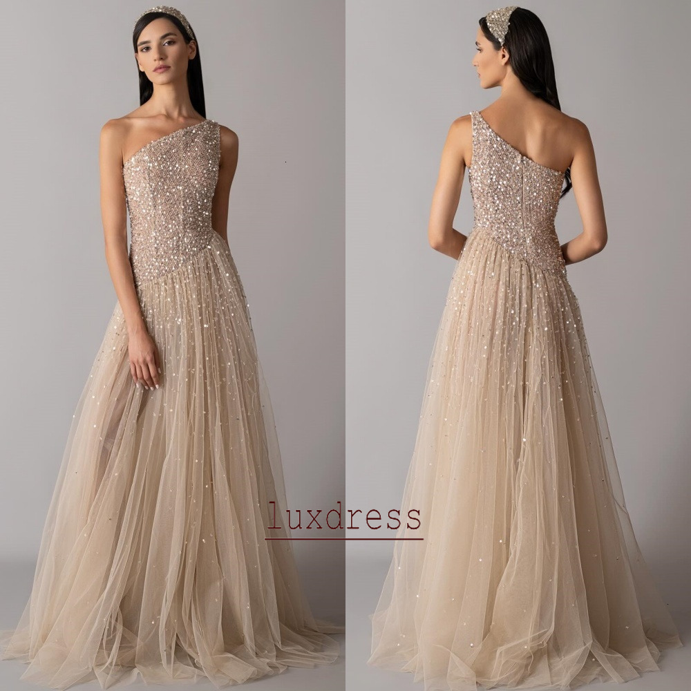 Elegant Champagne A Line Evening Dresses One Shoulder Tulle Sequined Beading Long Prom Bridesmaids Dress Women Formal Occasion Dresses Modern Style