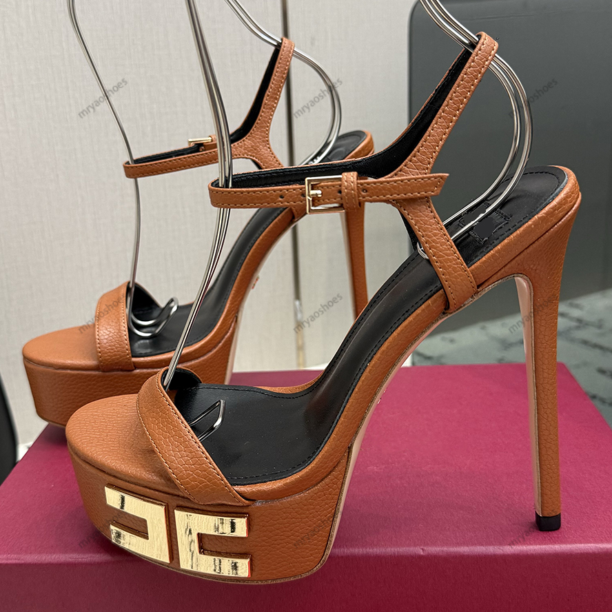 Platform Heels Designer Woman Super High Stiletto Heel Sandals Buckle Strap Pointed Toe Thick-soled Shoes Genuine Leather Dress Shoe Size 35-43 With