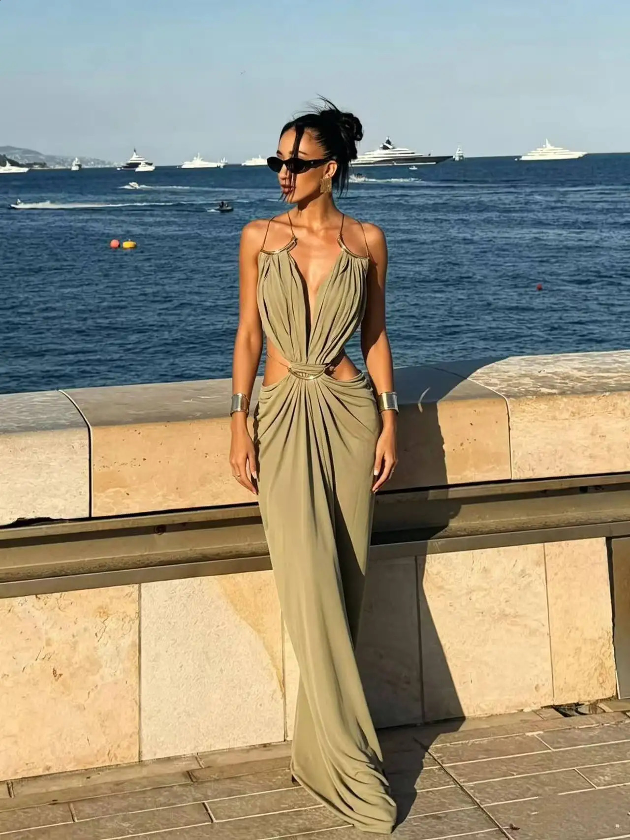 Women Metal Ring Cutout Maxi Dress Deep V Spaghetti Strap Ruched Waist Hollow Out Long Dress Summer Beach Vacation Evening Party 261015