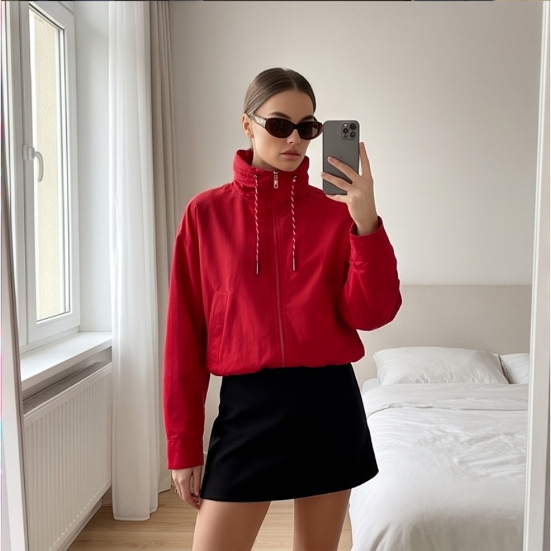 Women Puffer Down Jacket Coat 2026Classic Commuter Style Women S Red Hooded Pilot Jacket Cotton Padded Elastic Ruffle Hem Loose Short Casual Coat