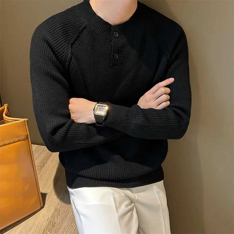 Men's Button Henry Sweater Collar Knitwear Pullover 2026 Winter New Korean Style Solid Color Vintage Fashion Long Slve Sweater M261016