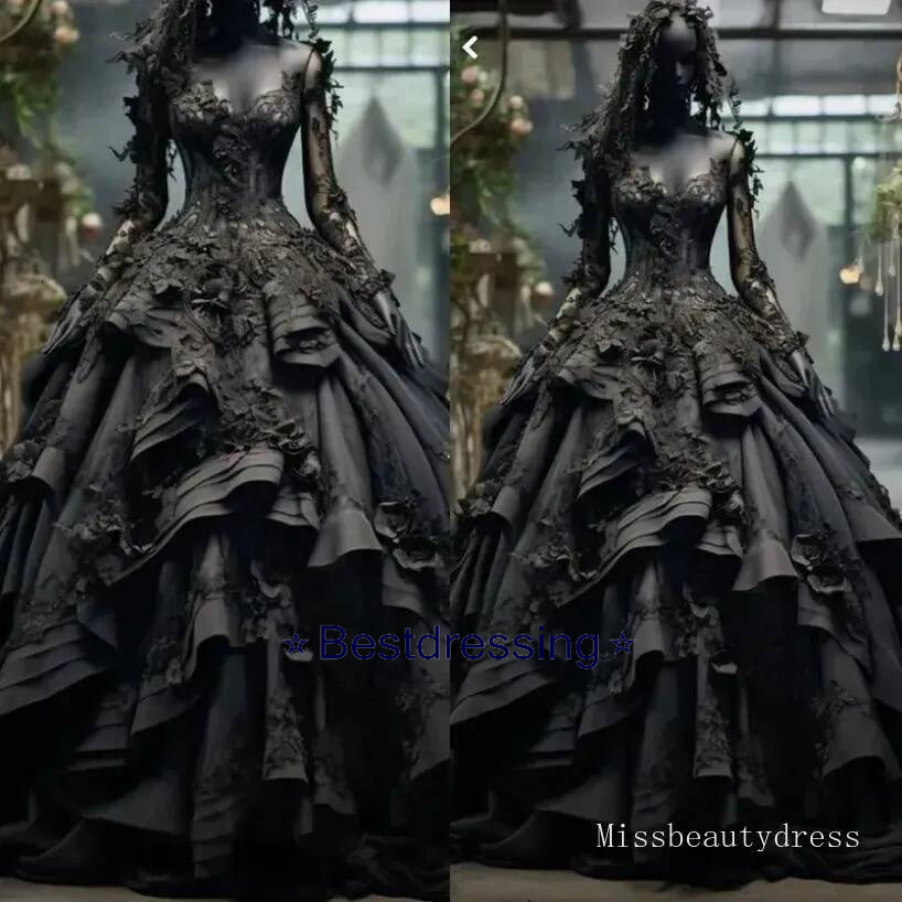 Gothic Style Dresses Elegant Black Lace A Line Bridal Gowns With 3D Florals Long Sleeves Plus Size Wedding Gown Robe De Soiree O16 Bd019