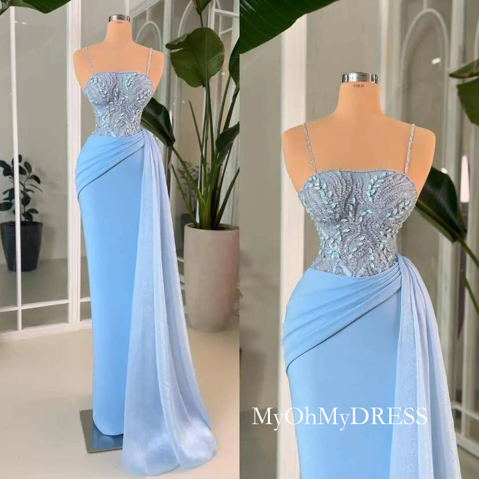 Sexy Spaghetti Evening Dresses Mermaid Pleated Beads Women Prom Gowns Second Engagement Dress Customized Y016