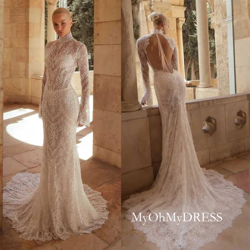 Illusion Mermaid Wedding Dresses High Neck Long Sleeve Lace Appliques Bridal Gowns Customized Sexy Open Back Bride Dress Y016