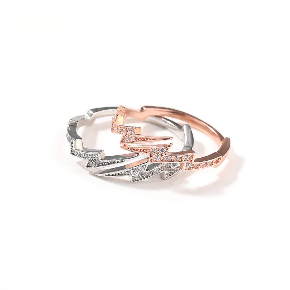Luxury Iced Hip Hop New Copper Inlaid moissanite Cool Lightning Creative Personality Niche Design Open Ring Fashion Jewelry Out D VVS Diamond Luxury