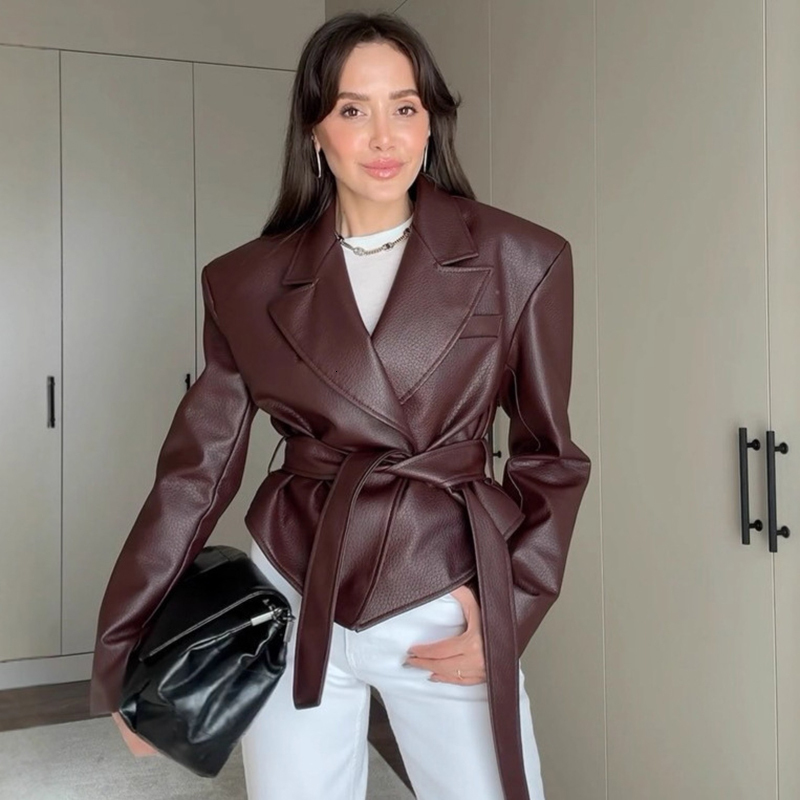 Motorcycle PU Women Lace Up Turndown Collar Short Coat Full Sleeve Soft Leather Jacket New Outwear Diaoyuelang