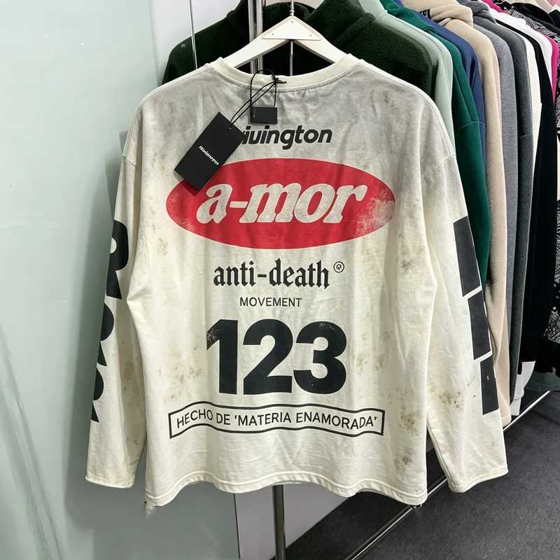 Stain RRR123 Men Vintage Gradient Long Sleeve TShirt Hem Patch Label Loose Drop Shoulder Rolled Edge Washed Distressed Tops Tee T261019