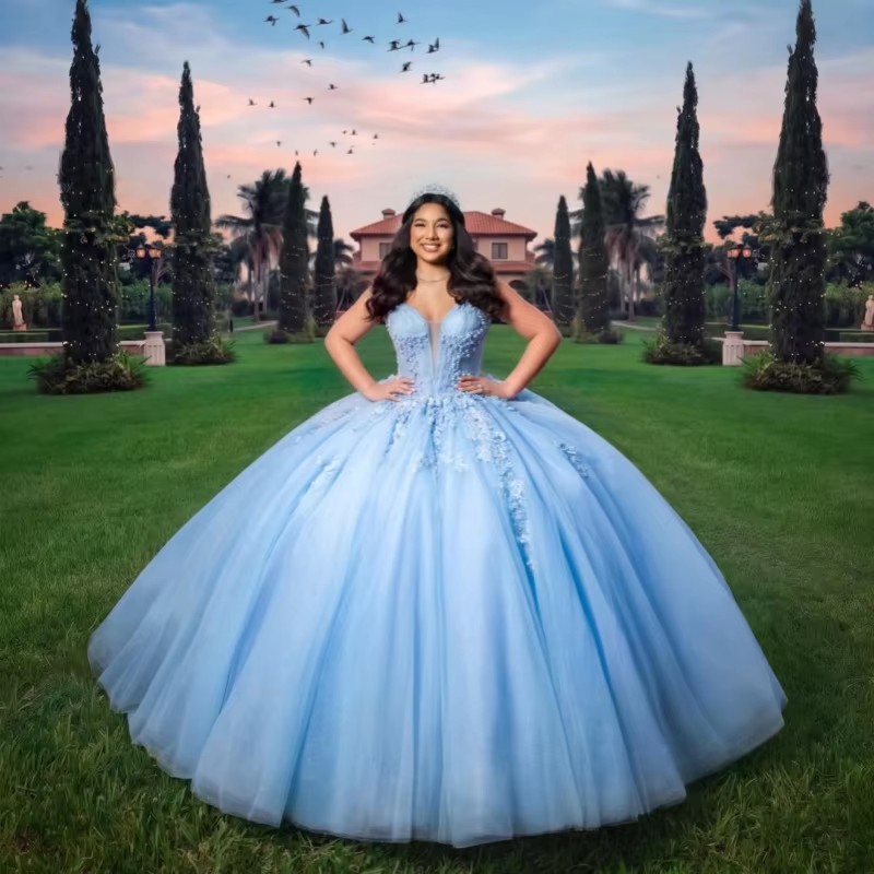 Blue Glitter Quinceanera Dresses Off Shoulder Ball Gown Sweet 16 Dress Applique Lace Beading Tull Long Tail Party Birthday vestidos 15 de anos