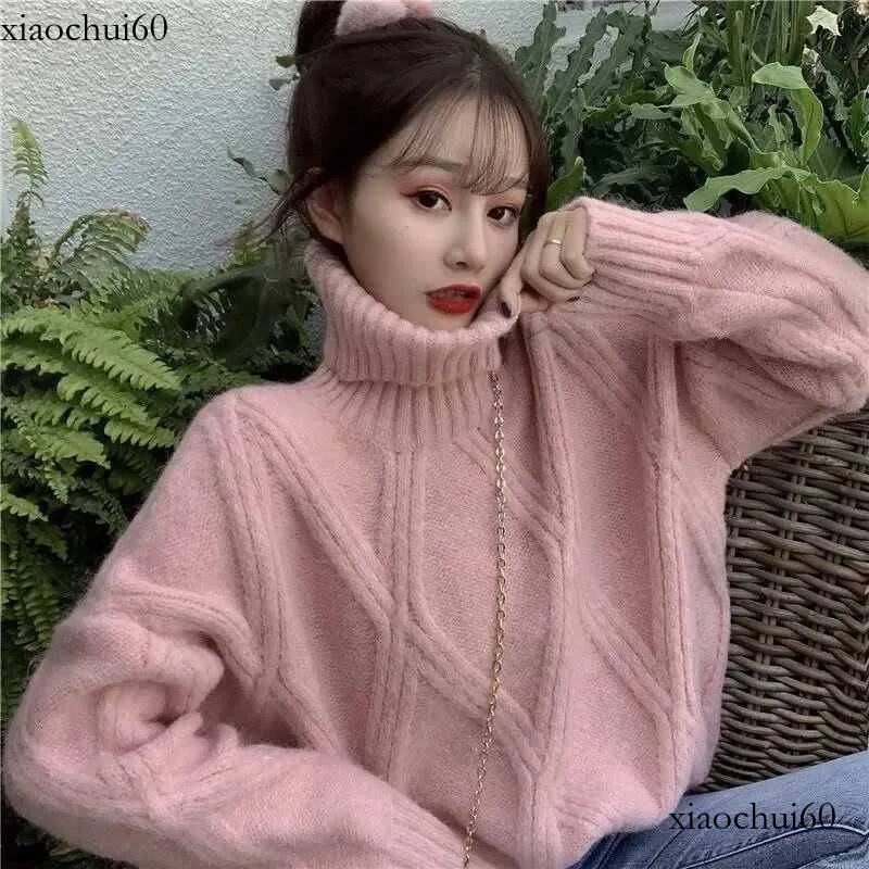 Women's Sweaters Women High Collar Pullover Knitting Ladies Long Sleeved Knitwear Autumn Winter Female Solid Color Plush Thickening Sweater T26