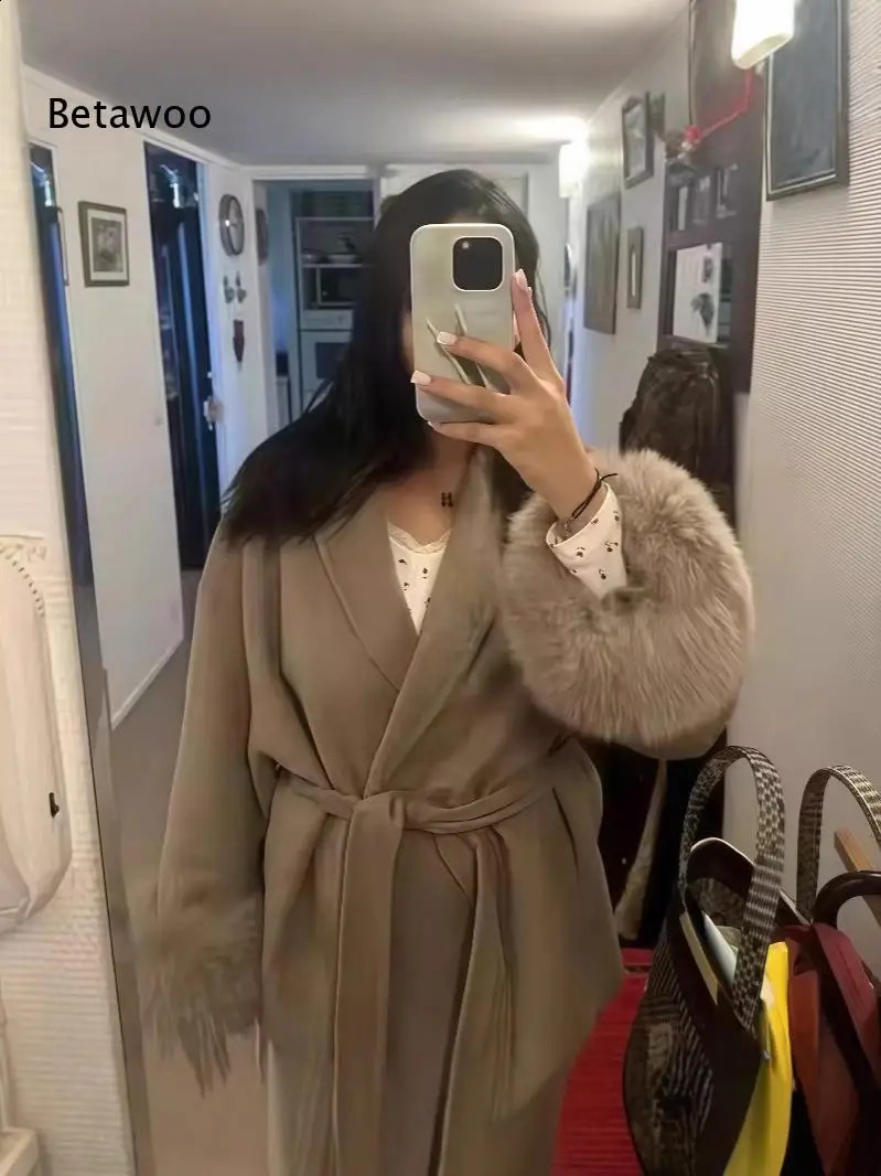 Women's Winter Faux Fur Trim Belted Wrap Coat Long Sleeve Solid Color Warm Outerwear Jacket with Cuff Details for Cold Weather 261015