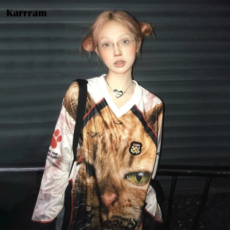 Karrram Japanese Y2k Kitten Print T-shirt Vintage Harajuku V-neck Long Sleeve Cat Tops American Retro Streetwear 2000s 261015