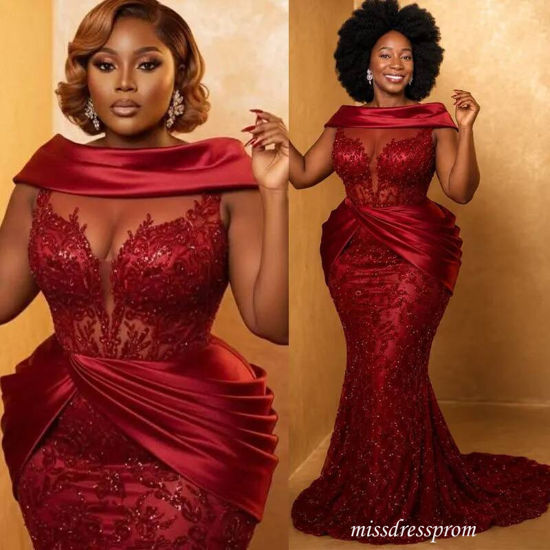 Plus Size Burgundy Mermaid Prom Dress Evening Dresses Formal Gowns Illusion Sheer Neck Pleated Beaded Lace Crystals Birthday Second Reception Gown A