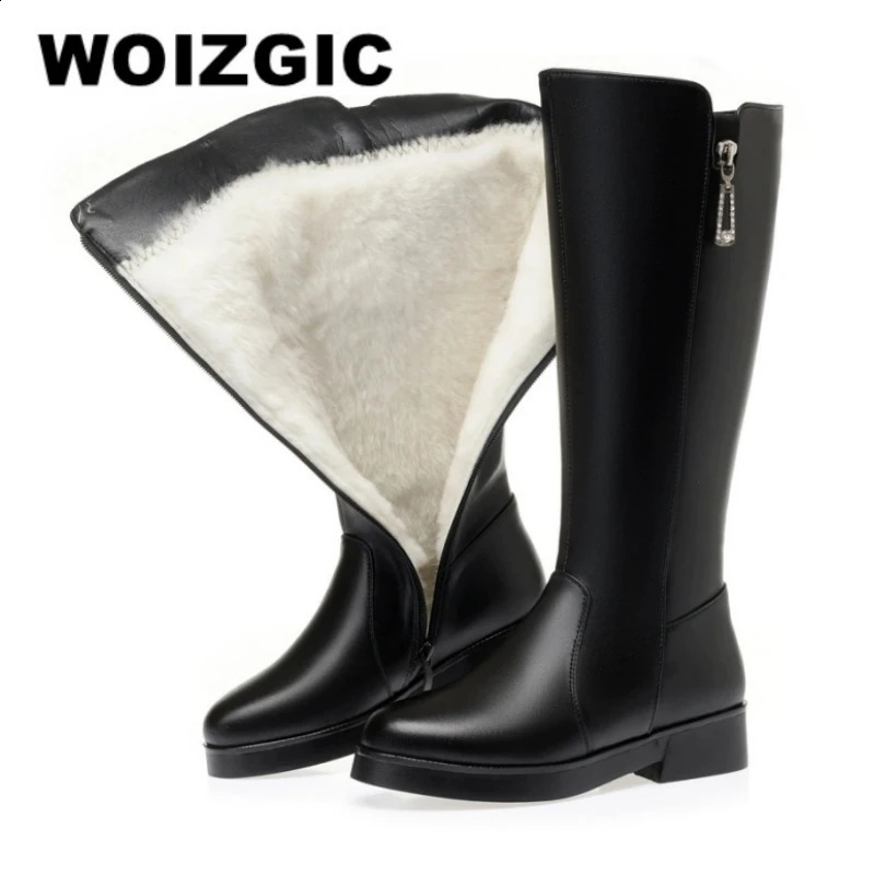 WOIZGIC Mother Female Women's Ladies Zipper Winter Genuine Leather Mid Calf Boots Shoes Plush Wool Warm Fur Snow Waterproof 260917