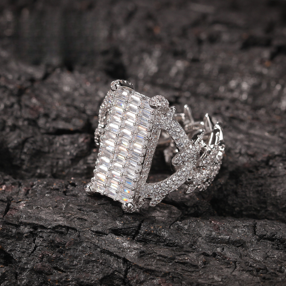 Real 18K 14K 10K Luxury Iced Trade Thorn Gold-Plated Square moissanite Personality Hip-Hop Punk Style Bold Out D VVS Diamond Luxurious Ring Birthday