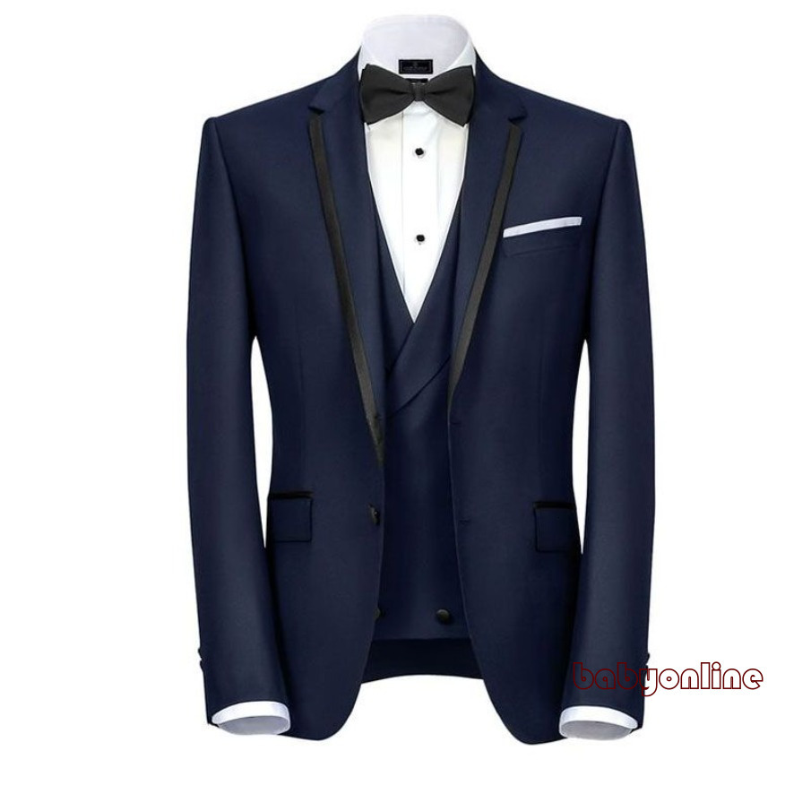 Blue Navy Designer Mens Suits One Button Groomsmen Wedding Tuxedos Notched Lapel Groom Suit With Jacket Vest And Pants Cheap Prom Blazers BS0082