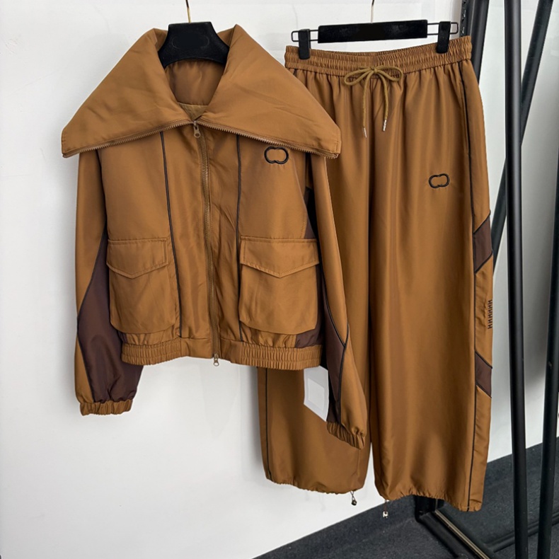 Chic Women Sporty Tracksuit Big Lapel Cropped Jacket Drawstring Jogger Pants Autumn Winter Casual Outdoor Pants Set