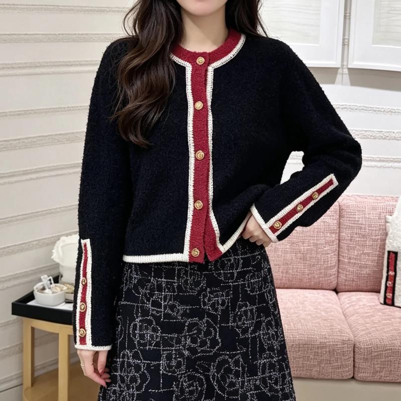 Contrasting Color Round Neck Tweed Cardigan Autumn Light Ripe Style Versatile Short Single-breasted Black Sweater Jacket