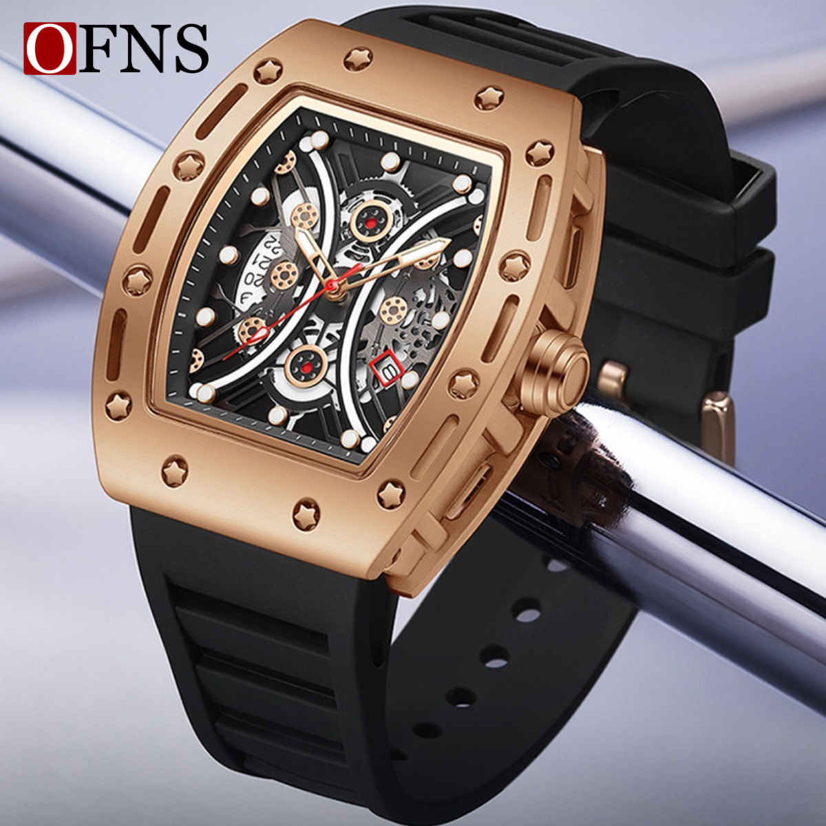 Luxury Tonneau Mens Sport Watch Japanese Movement 50M Waterproof Rose Gold Red Blue Skeleton Dial Silicone Band Gift for Men