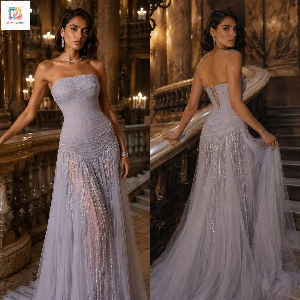 Gorgeous Strapless Prom Dresses Sequins Beading Sweep Train Sheath Evening Gowns Women Formal Party Gala Dress Customized Mb017