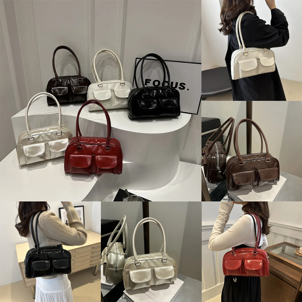 Women Retro Patent Leather Bowling Shoulder Bag, Vintage Double Front Pocket Underarm Handbag, Minimalist Curved Top Handle Tote Bag for Daily Commu