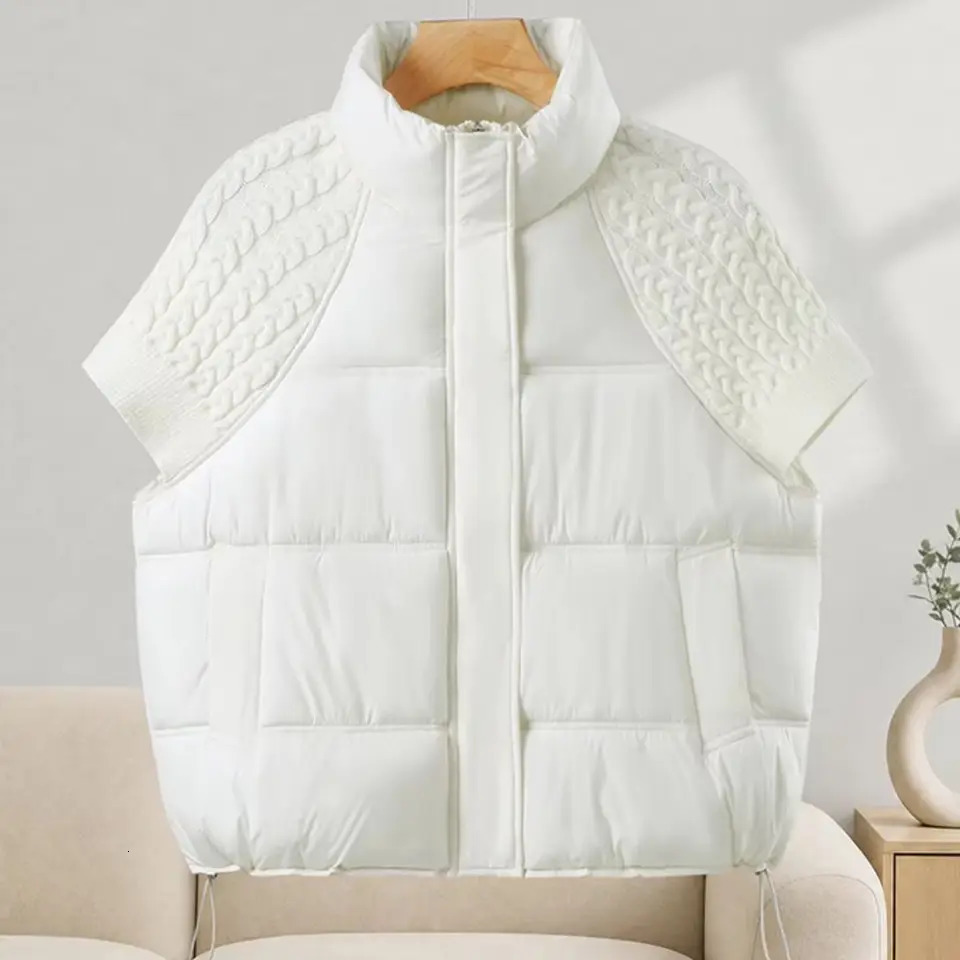 Women Stand Collar Knit Spliced Cotton Puffer Vest Drawstring Hem Loose Quilted Waistcoat Autumn Winter Casual Outerwear 261019